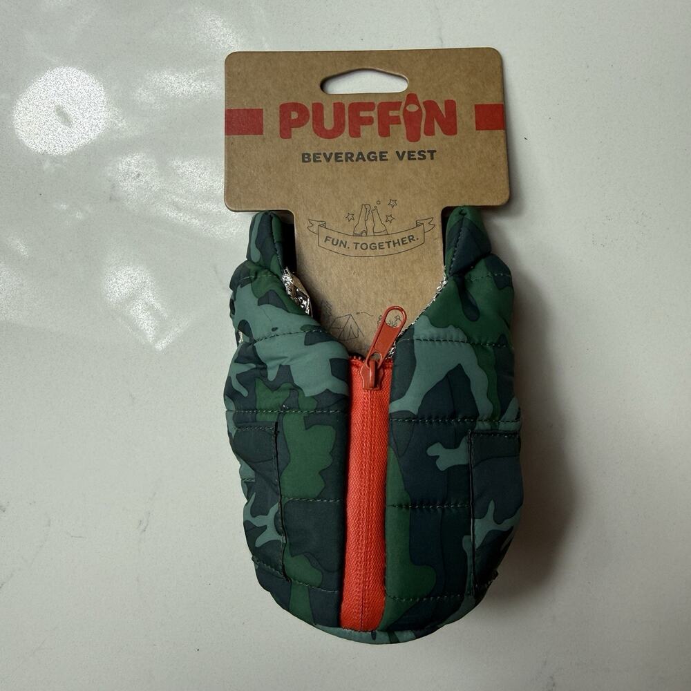 NEW Puffin Beverage Green Camouflage Vest 12oz bottle holder